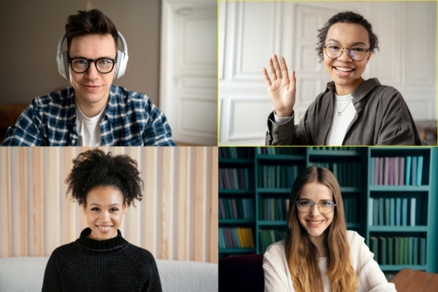 group of smiling individuals on a virtual call