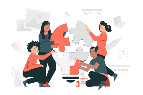 illustration of a team working together to put a puzzle together