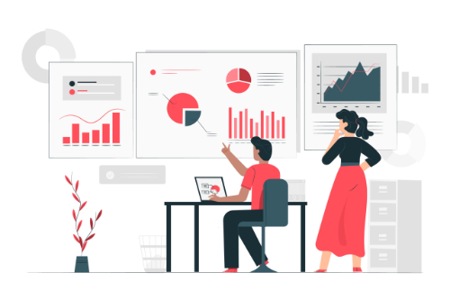 illustration of two team members pointing at charts and discussing them